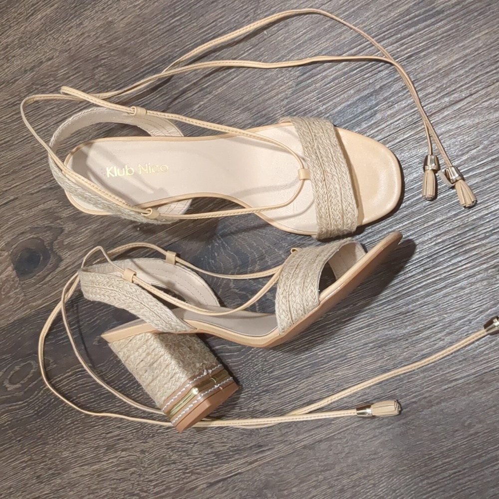 Klub Nico Braided Rope Block Heel Sandals – Beige Neutral Women's Size 7